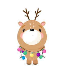 Christmas deer with garland. Cartoon style. Vector illustration. For card, posters, banners, books, printing on the pack, printing on clothes, textile or dishes.