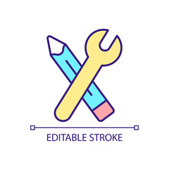 Pencil and spanner RGB color icon. Practical skills. Building and creating. Architecture instruments. Isolated vector illustration. Simple filled line drawing. Editable stroke. Arial font used