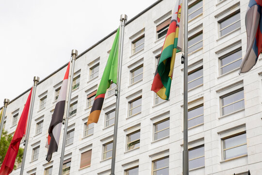 Detail of flags displayed in front of the FAO building in Rome, Italy.