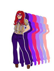 retro poster in disco style 60s-70s, fashion girl image on rainbow background, hippie vintage style, psychedelic, summer groovy mood. Trendy retro style.