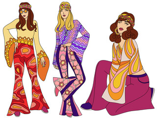 Set of illustrations with women in retro clothes 1960-1970s. hippie era fashion illustration. cartoon image of girls in retro style. Vintage
