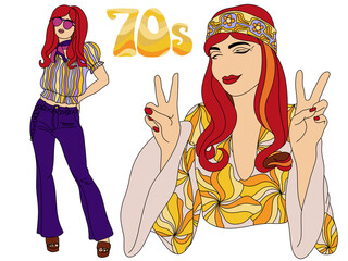 Set of illustrations with women in retro clothes 1960-1970s. hippie era fashion illustration. cartoon image of girls in retro style. Vintage