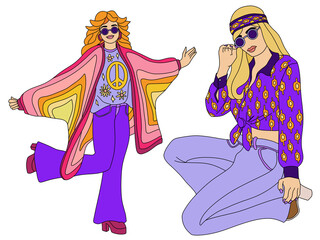 Set of illustrations with women in retro clothes 1960-1970s. hippie era fashion illustration. cartoon image of girls in retro style. Vintage