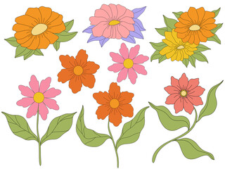 set of flowers in retro style 60s and 70s. isolated illustration on white background. groovy hippie flowers. cute daisy