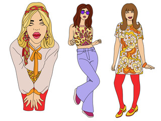 Set of illustrations with women in retro clothes 1960-1970s. hippie era fashion illustration. cartoon image of girls in retro style. Vintage
