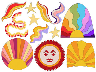 set of images in retro style 1960s-1970s. set of stickers in vintage hippie style, psychedelic clockwork elements. fashion elements. clip art