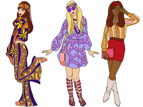 Set of illustrations with women in retro clothes 1960-1970s. hippie era fashion illustration. cartoon image of girls in retro style. Vintage