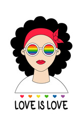 Cute lesbian girl in rainbow glasses. LGBT Pride Month. love is love. LGBTQ pride flag in rainbow colors. Human rights and tolerance. Vector. Vertical holiday poster with LGBT symbol