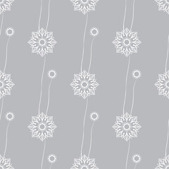 Seamless pattern with simple naive flowers with white contour. On gray background.