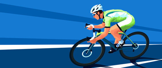 A cyclist rushes on a road bike. In the gear. Gravel bike. Cycling team. Dynamic scene, high speed. Vector illustration. Blue background, parallel lines - obrazy, fototapety, plakaty