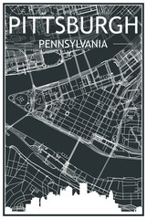 Dark printout city poster with panoramic skyline and hand-drawn streets network on dark gray background of the downtown PITTSBURGH, PENNSYLVANIA