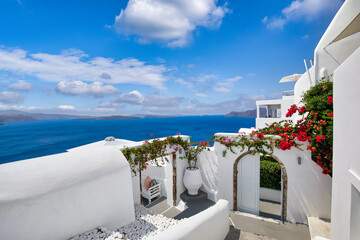 Summer vacation panorama, luxury famous Europe destination. White architecture in Santorini,...