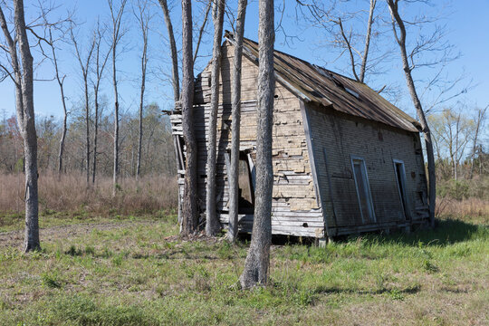 Abandoned homestead, a small log cabin, a building leaning to the side.