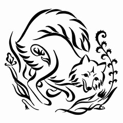 Hunting fox silhouette drawing. Fox framed by herbs and flowers, black and white drawing. Vector image of a fox on white background. Hand drawn illustration.