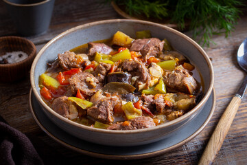 Turkish gouvech with lamb and eggplant, selective focus