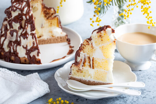 Pancho Cake. Homemade biscuit cake with sour cream and pineapple. Decorated with ganache.