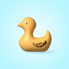 Volumetric 3D icon of a children rubber duck toy for swimming in the bathroom.