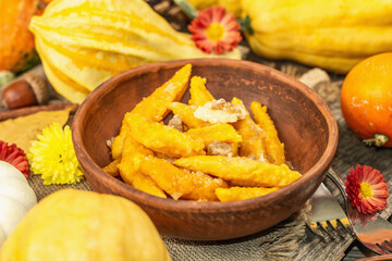 Pumpkin gnocchi or Italian dumplings. Healthy vegetarian squash dish with cottage cheese