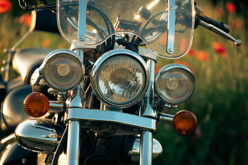 Fototapeta premium Detail of vintage motorcycle in sunset