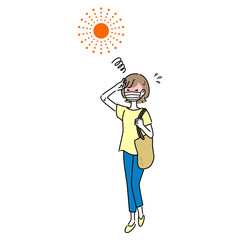 屋外でマスクをして暑そうな女性のイラスト