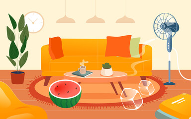 Summer character sitting at home blowing a fan and eating watermelon with living room and plants in the background, vector illustration