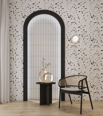 MINIMAL MODERN RATTAN CHAIR WITH PLANT IN MODERN GOLD VASE ON BLACK TERRAZZO SIDE TABLE IN FRONT OF THE BLACK ARCHED DOOR WITH CORRUGATED WALL AND GOLD WALL LAMP ON WOOD FLOOR  3D RENDERING.