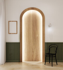 MINIMAL MODERN WOODEN BLACK CHAIR IN FRONT OF VINTAGE GOLD WALL LAMP  AND WOODEN FRAME ON WHITE WALL AND HALF GREEN BUILT-IN WALL DECORATED WITH WOODEN ARCHED DOOR  ON WOODEN FLOOR 3D RENDERING.