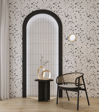 MINIMAL MODERN RATTAN CHAIR WITH PLANT IN MODERN GOLD VASE ON BLACK TERRAZZO SIDE TABLE IN FRONT OF THE BLACK ARCHED DOOR WITH CORRUGATED WALL AND GOLD WALL LAMP ON WOOD FLOOR  3D RENDERING.