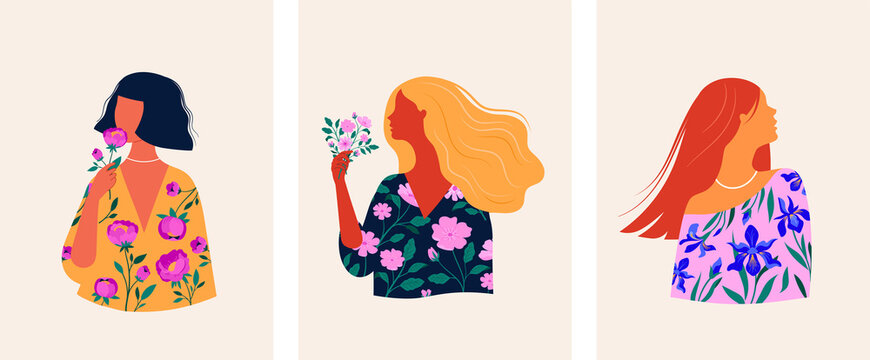 Feminine fashion concept illustration, beautiful women wearing dresses with floral patterns, botanical drawings. Cards, prints and poster designs. 