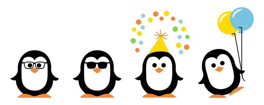Vier niedliche, lustige Pinguine mit Brille, Sonnenbrille, Partyhut und Konfetti und Luftballons