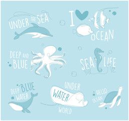Obraz premium One line marine set. Underwater outline animals emblem. Line art ocean and sea life lettering collection.
