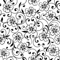Floral seamless background. Abstract black flowers on a white background.