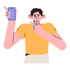 People hold smartphone pointing with finger on screen. Character pointing on mobile and looking at his phone. Man use mobile phone apps for chatting, calling online, playing, shoping.