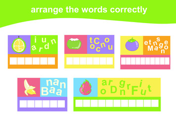 Fototapeta premium Arrange the words correctly. Worksheet for preschool. Writing practice. Vector file.