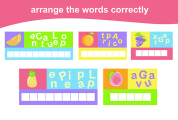 Arrange the words correctly. Worksheet for preschool. Writing practice. Vector file.