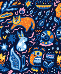 Naklejka premium Cute little animals in the night forest. Cute vector illustration
