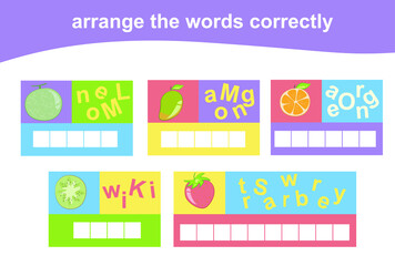 Fototapeta premium Arrange the words correctly. Worksheet for preschool. Writing practice. Vector file.