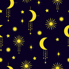 Mystical pattern of the moon and stars on a dark background. High quality vector illustration.