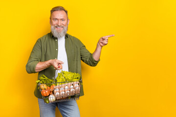 Portrait of cheerful positive man hold groceries basket indicate finger empty space isolated on...