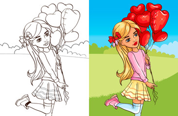 Colouring book girl with red heart balloons