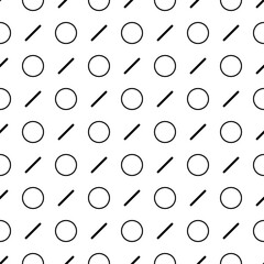 Circles, strokes seamless pattern. Circle shapes, lines ornament. Balls, dashes print. Circular, linear figures wallpaper. Rounds, stripes background. Geometric backdrop. Abstract motif. Vector art.