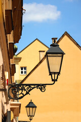 Fototapeta na wymiar Colorful historical buildings and vintage street lantern in central Zagreb, Croatia.