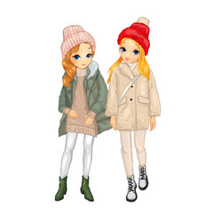 Girls in warm coats and knitted hats