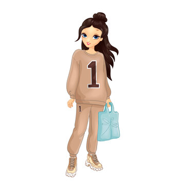 Girl in beige sports suit with bag