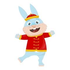 Fototapeta na wymiar cute cartoon blue rabbit in a national Chinese costume is dancing and waving its paws