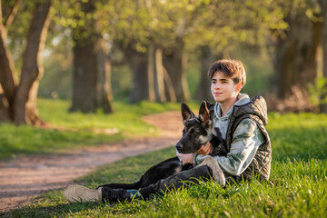 a boy with a dog walk in the park on a sunny spring evening, sit on the grass. Friendship of man...