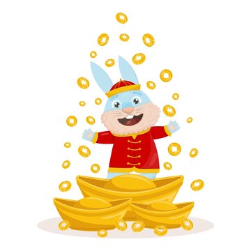 cute cartoon blue rabbit in a national Chinese costume is standing in the rain of money and gold bars