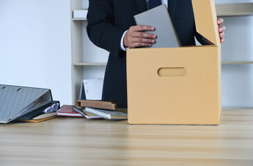 Collecting belongings and documents.  In the concept of resignation.  job transfer dismissal big...