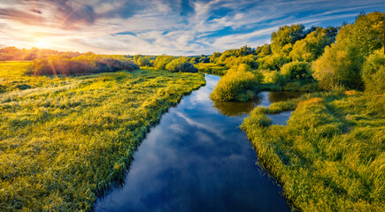 Fresh green scene of Seret river. Amazing outdoor scene of Ukraine countryside. Colorful sunnrise...