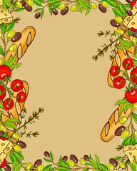 Italian cuisine background frame of olives, olive oil, olive tree branches, baguettes, herbs, tomatoes and cheese. Healthy food concept, vector, hand drawing, copy space
